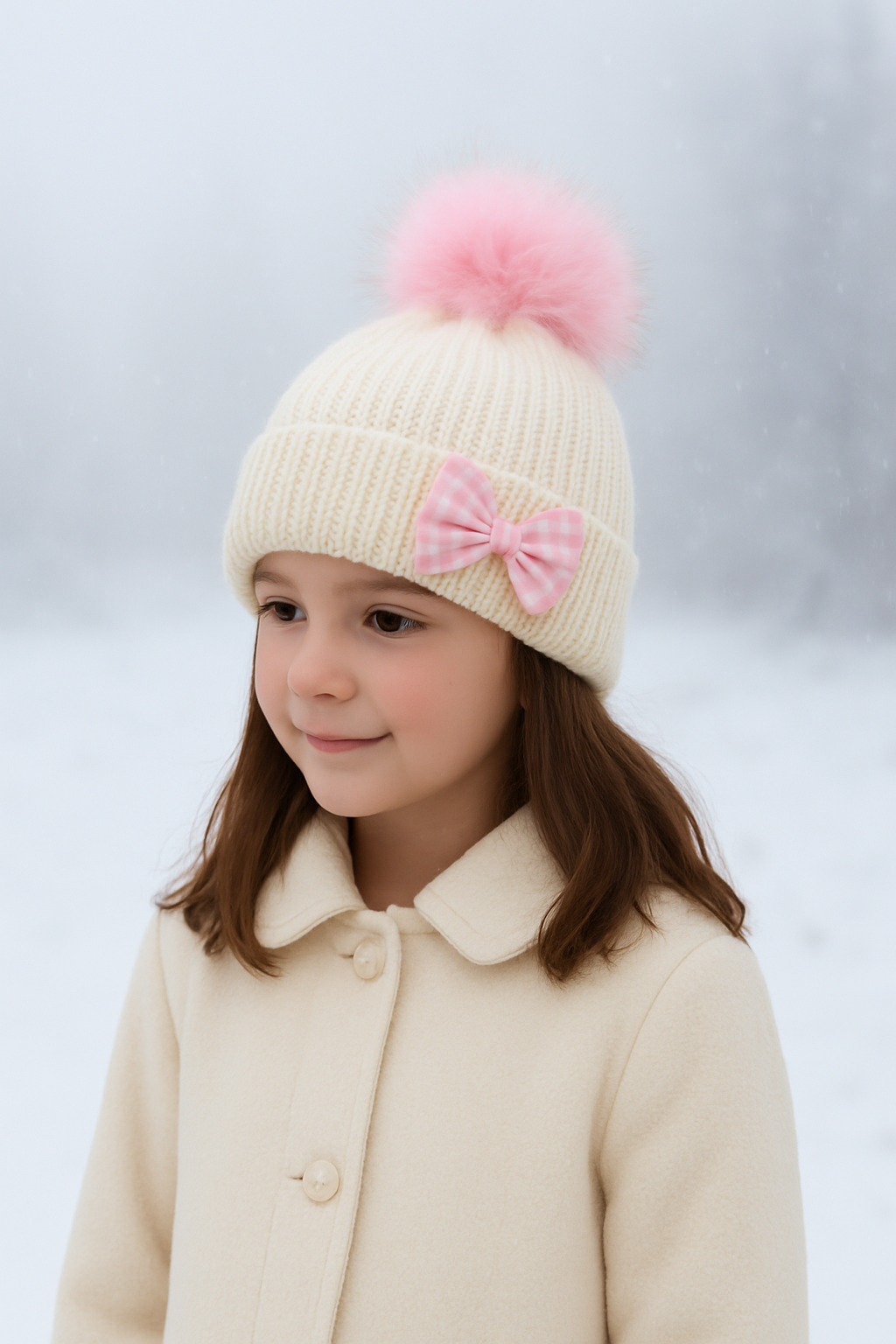Kids Beanie Hat with Pink Accessories | Cream