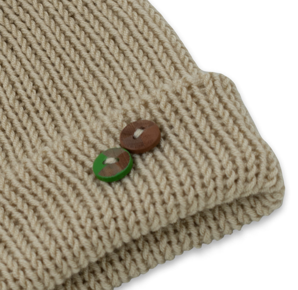 Double-Faced Beanie Hat with Button | Beige