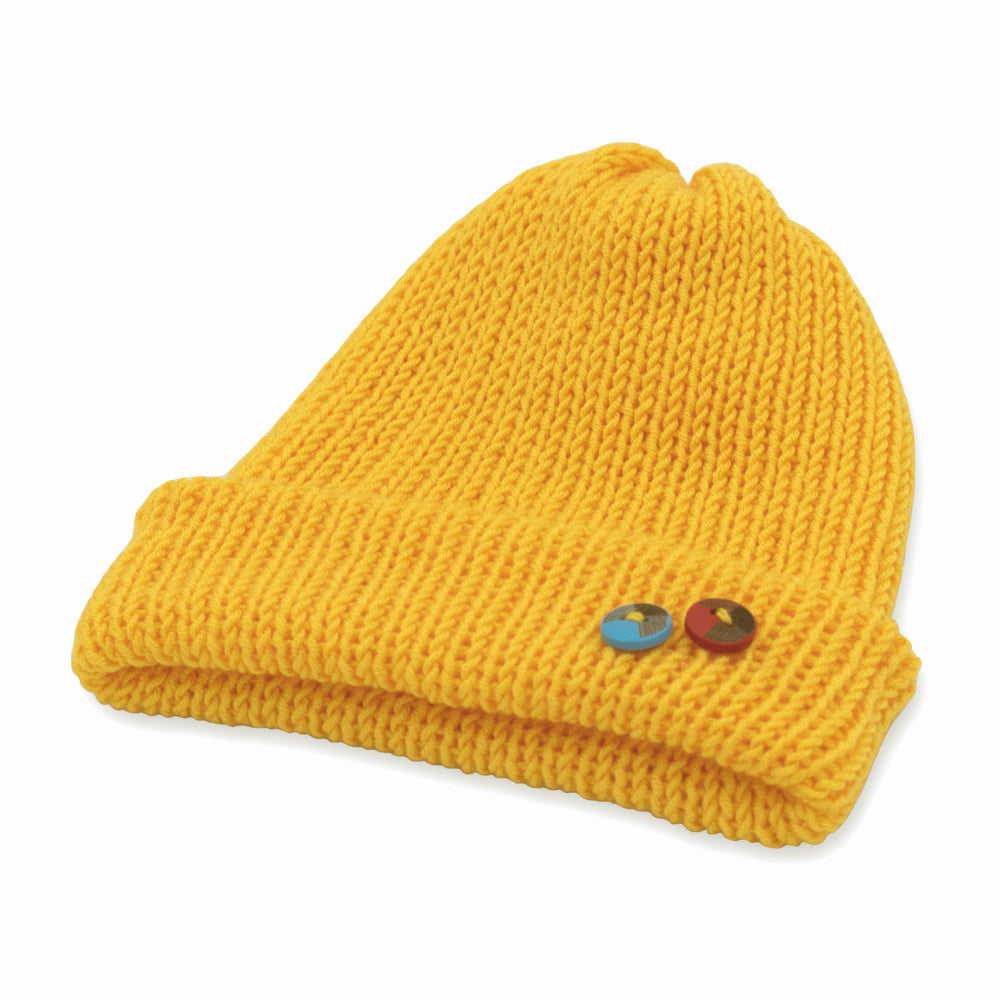Double-Faced Beanie Hat with Button | Yellow