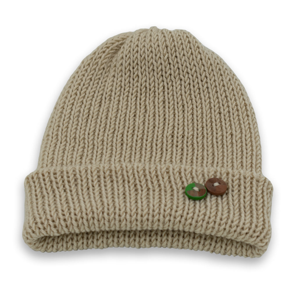 Double-Faced Beanie Hat with Button | Beige