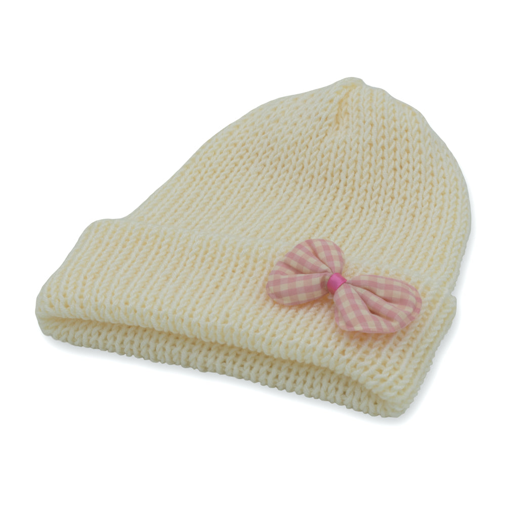 Kids Beanie Hat with Pink Accessories | Cream