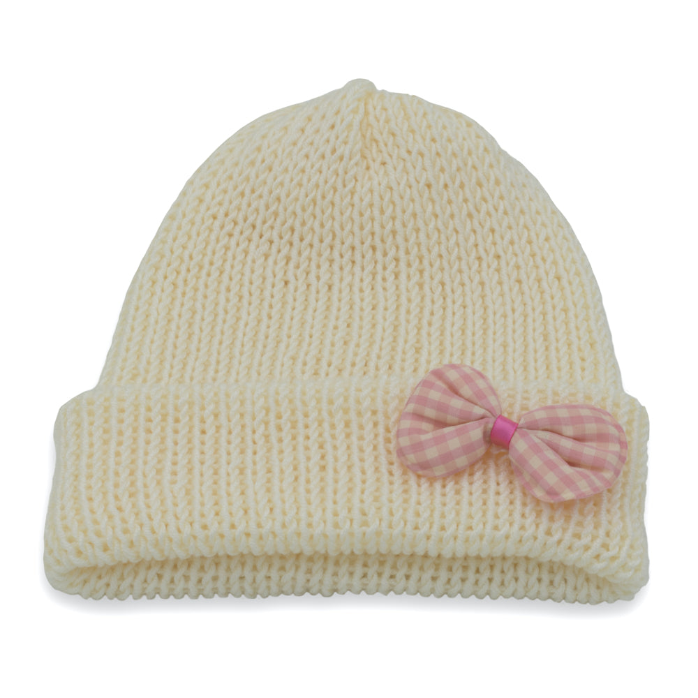 Kids Beanie Hat with Pink Accessories | Cream