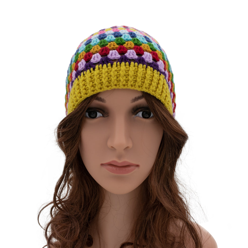 Rainbow Hand-Knit Crochet Beanie Hat