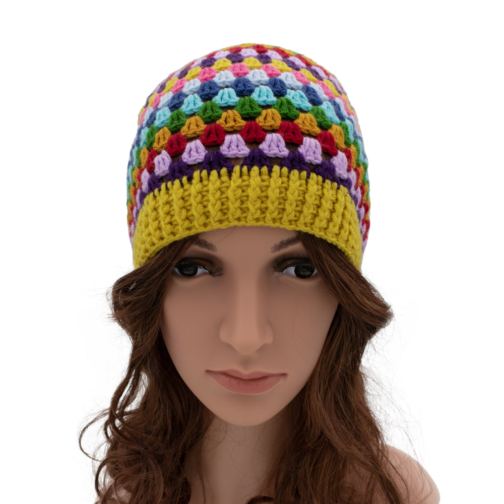 Rainbow Hand-Knit Crochet Beanie Hat