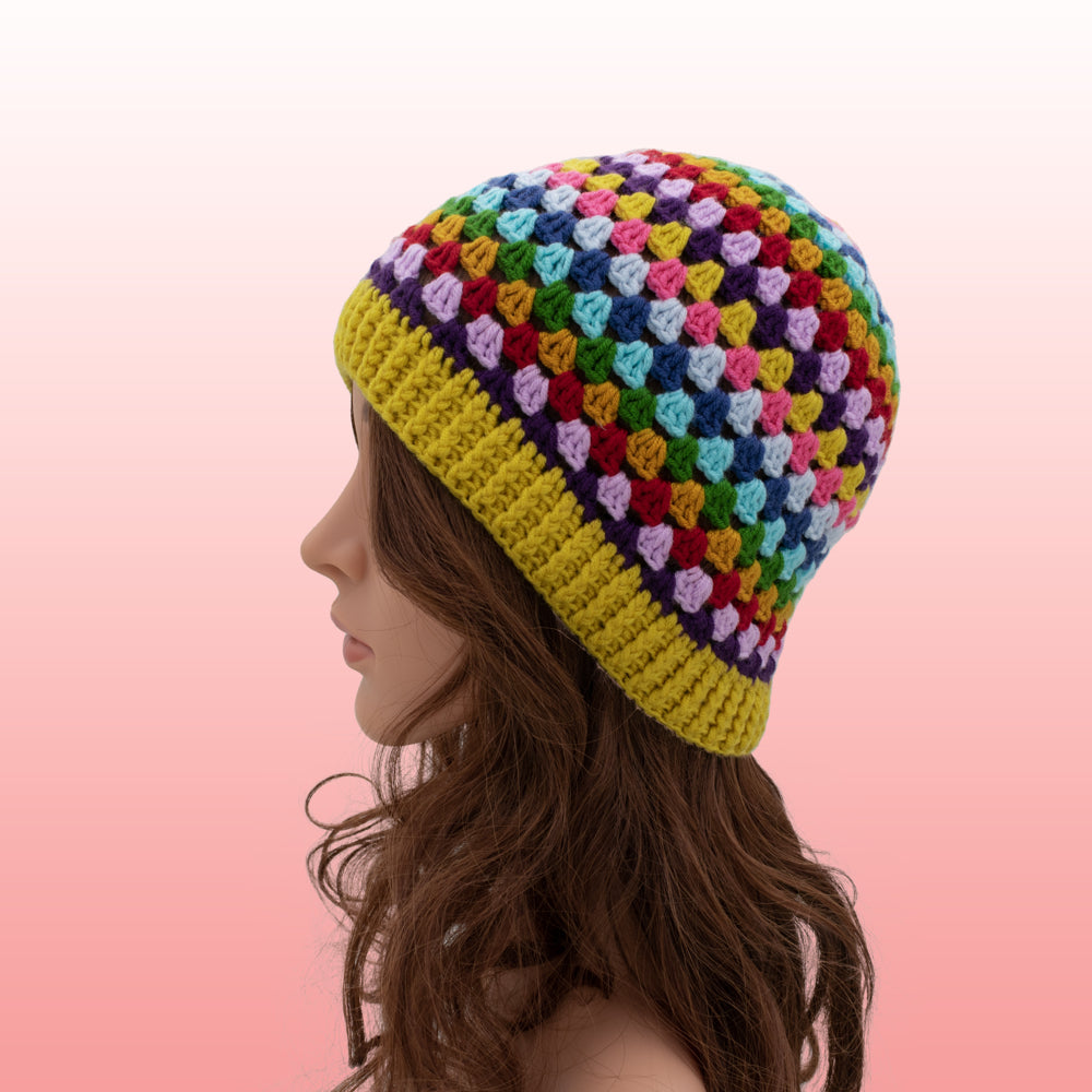 Rainbow Hand-Knit Crochet Beanie Hat