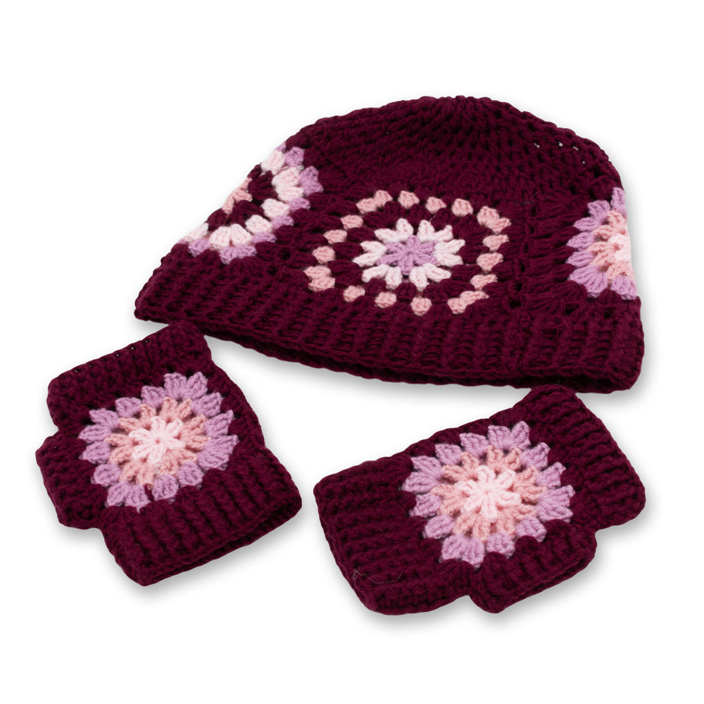 Granny Square Crochet Beanie Hat and Glove Set