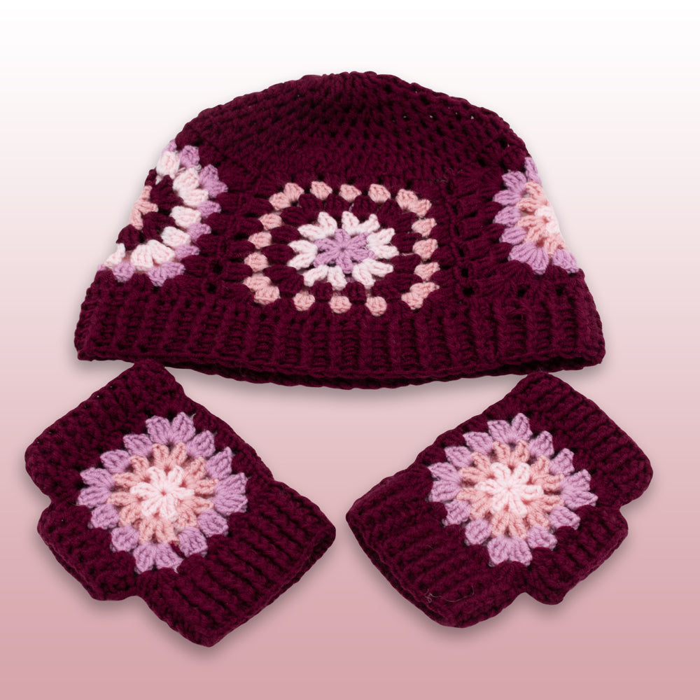 Granny Square Crochet Beanie Hat and Glove Set