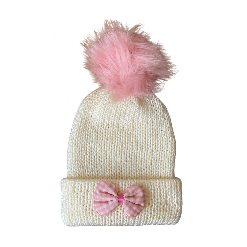 Kids Beanie Hat with Pink Accessories | Cream
