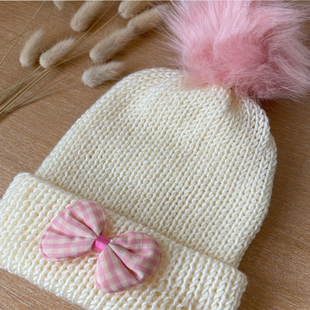 Kids Beanie Hat with Pink Accessories | Cream