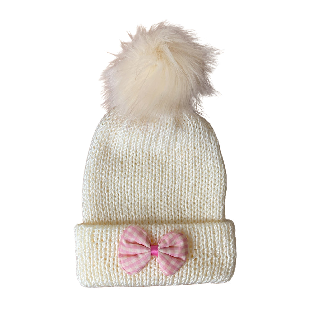 Kids Beanie Hat with Pink Accessories | Cream