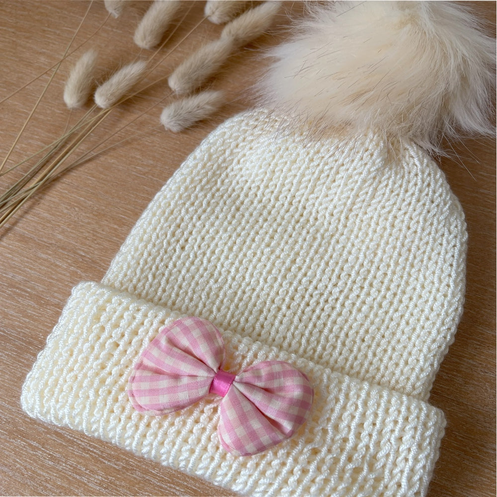 Kids Beanie Hat with Pink Accessories | Cream